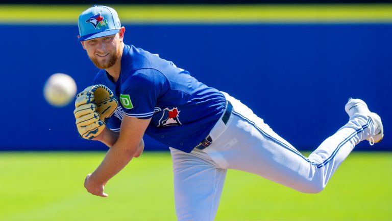 Toronto Blue Jays starting pitcher Eric Lauer throws a warmup pitch in Spring Training action against the Philadelphia Phillies in Dunedin, Fla. on Saturday February 21, 2026. (Frank Gunn/CP)