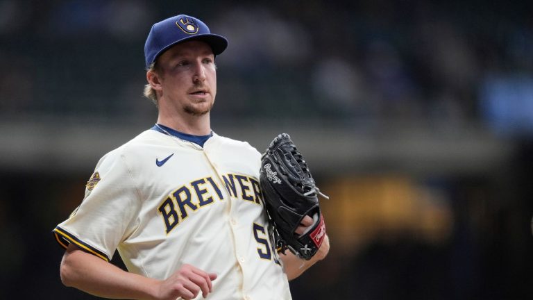 Milwaukee Brewers' Erick Fedde covers first base during a baseball game against the Arizona Diamondbacks, Wednesday, Aug. 27, 2025, in Milwaukee. (Aaron Gash/AP)