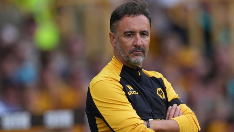 FILE - Wolverhampton Wanderers' head coach Vitor Pereira concentrates during the English Premier League match between Wolverhampton Wanderers and Manchester City at Molineux Stadium, Wolverhampton, England, Aug. 16, 2025. (AP/Dave Shopland, file)