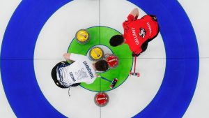 Canada's Brett Gallant, right, and Czech Republic's Vit Chabicovsky compete during a curling mixed doubles session at the 2026 Winter Olympics in Cortina d'Ampezzo, Italy, Wednesday, Feb. 4, 2026. (David J. Phillip/AP Photo)