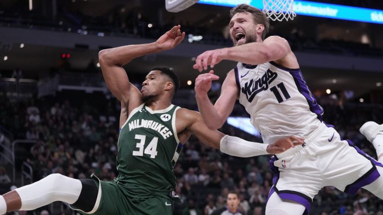 Milwaukee Bucks' Giannis Antetokounmpo blocks the shot of Sacramento Kings' Domantas Sabonis during the first half of an NBA basketball game Saturday, Nov. 1, 2025, in Milwaukee. (Morry Gash/AP)
