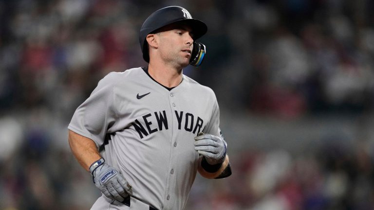 New York Yankees' Paul Goldschmidt rounds the bases after hitting a solo home run in the seventh inning of a baseball game against the Texas Rangers Wednesday, Aug. 6, 2025, in Arlington, Texas. (Tony Gutierrez/AP)