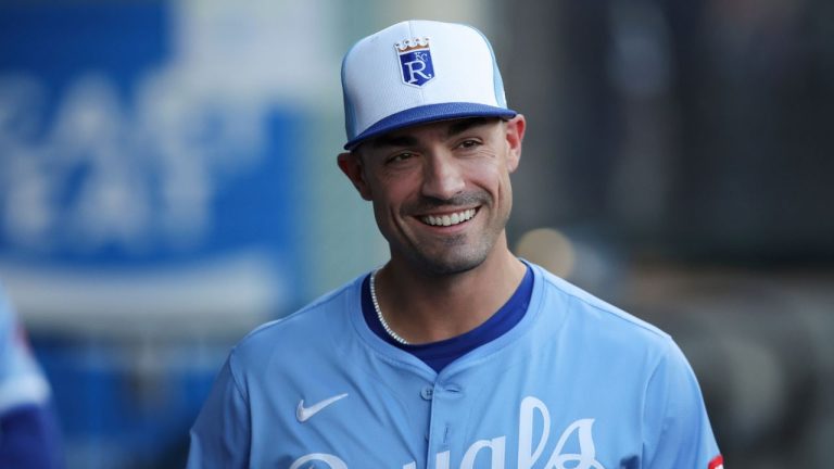 Kansas City Royals' Randal Grichuk reacts before a baseball game against the Los Angeles Angels, Wednesday, Sept. 24, 2025, in Anaheim, Calif. (Jessie Alcheh/AP)