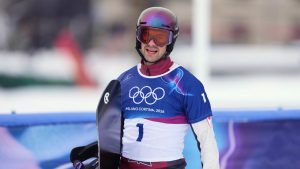 Canada's Eliot Grondin looks on during a snowboard cross training session at the 2026 Winter Olympics, in Livigno, Italy, Friday, Feb. 6, 2026. (Lindsey Wasson/AP Photo)