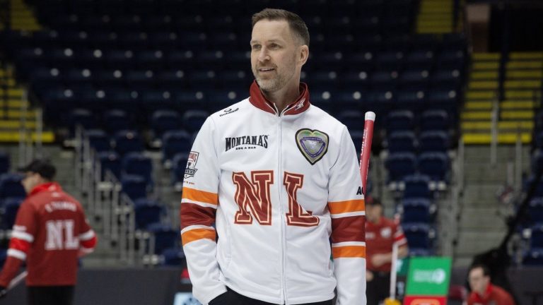 Newfoundland and Labrador skip Brad Gushue on the ice during a practice session of the Montana 2026 Brier at the Mary Browns Centre in St. John's NL on Friday, February 27, 2026. (THE CANADIAN PRESS/Paul Daly)