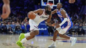 Los Angeles Clippers' James Harden, left, tries to get a shot past Philadelphia 76ers' Tyrese Maxey during the second half of an NBA basketball game, Monday, Nov. 17, 2025, in Philadelphia. (Matt Rourke/AP)