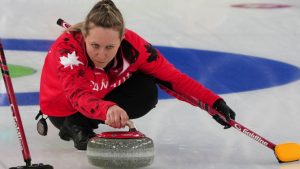 Canada's Rachel Homan competes during a women's curling bronze medal match between Canada and the United States, at the 2026 Winter Olympics, in Cortina d'Ampezzo, Italy, Saturday, Feb. 21, 2026. (Misper Apawu/AP Photo)