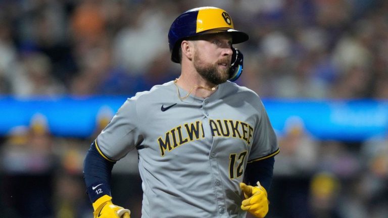 Milwaukee Brewers' Rhys Hoskins runs during the sixth inning in the second baseball game of a doubleheader against the New York Mets July 2, 2025, in New York. (Frank Franklin II/AP)