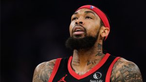 Toronto Raptors forward Brandon Ingram (3) stands on the court during the first half of an NBA basketball game against the Golden State Warriors, Tuesday, Jan. 20, 2026, in San Francisco. (AP Photo/Godofredo A. Vásquez)