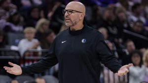 Dallas Mavericks head coach Jason Kidd reacts after a no-call during the first half of an NBA basketball game against the Sacramento Kings, Tuesday, Jan. 6, 2026, in Sacramento, Calif. (Scott Marshall/AP)