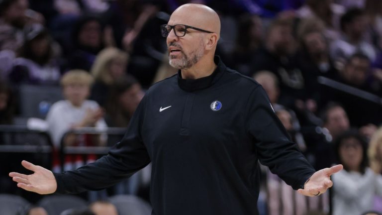Dallas Mavericks head coach Jason Kidd reacts after a no-call during the first half of an NBA basketball game against the Sacramento Kings, Tuesday, Jan. 6, 2026, in Sacramento, Calif. (Scott Marshall/AP)