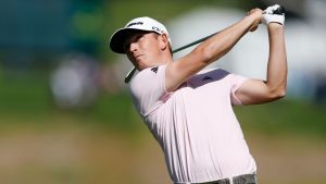 Jacob Bridgeman hits from the third fairway during the final round of the Genesis Invitational golf tournament at Riviera Country Club, Sunday, Feb. 22, 2026, in the Pacific Palisades area of Los Angeles. (AP/Caroline Brehman )
