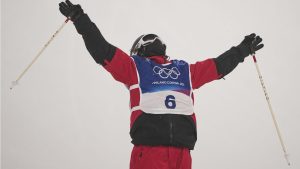Canada's Rachael Karker reacts during the women's freestyle skiing halfpipe qualifications at the 2026 Winter Olympics, in Livigno, Italy, Thursday, Feb. 19, 2026. (Lindsey Wasson/AP Photo)