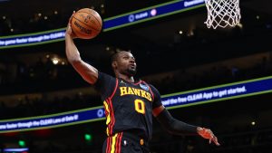 Atlanta Hawks forward Jonathan Kuminga (0) dunks during the first half of an NBA basketball game against the Washington Wizards, Tuesday, Feb. 24, 2026, in Atlanta. (Colin Hubbard/AP)