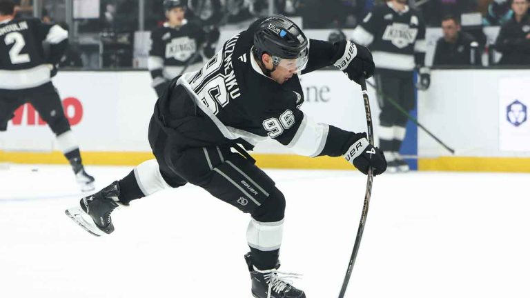 Los Angeles Kings left wing Andrei Kuzmenko (96) warms up before an NHL hockey game against the Seattle Kraken. (Jessie Alcheh/AP)