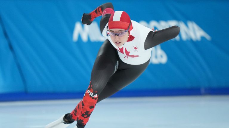 Canada's Beatrice Lamarche competes during her heat in the women's 1000 metre speedskating competition at the 2026 Winter Olympics, in Milan, on Monday, February 9, 2026. (Darryl Dyck/THE CANADIAN PRESS)