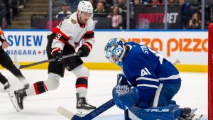 Toronto Maple Leafs goaltender Anthony Stolarz (41) makes a save on Ottawa Senators right wing Drake Batherson (19) on a breakaway during third period NHL hockey action in Toronto, Saturday, Feb. 28, 2026. (Frank Gunn/CP)