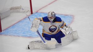Buffalo Sabres goaltender Alex Lyon in the first period of an NHL game Thursday, Nov. 13, 2025, in Denver. (AP/David Zalubowski)
