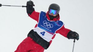 Canada's Brendan Mackay reacts during the men's freestyle skiing halfpipe qualifications at the 2026 Winter Olympics, in Livigno, Italy, Friday, Feb. 20, 2026. (Julia Demaree Nikhinson/AP Photo)