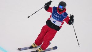 Canada's Brendan Macay reacts during the men's freestyle skiing halfpipe qualifications at the 2026 Winter Olympics, in Livigno, Italy, Friday, Feb. 20, 2026. (Julia Demaree Nikhinson/AP Photo)