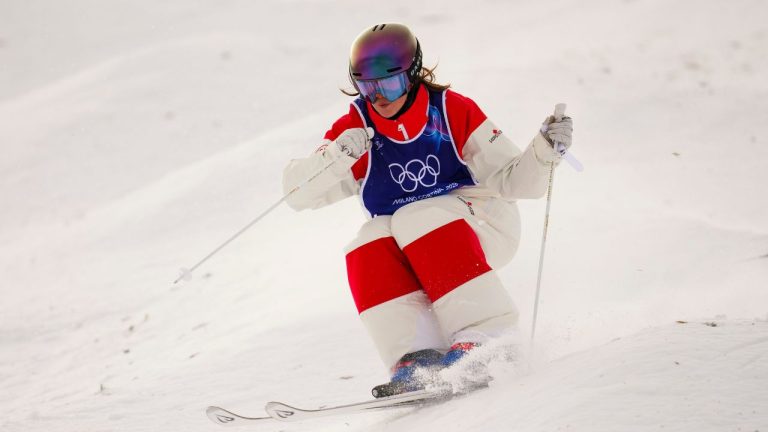 Canada's Maia Schwinghammer from Saskatoon, Sask., competes in the women's moguls qualification at the Milano Cortina 2026 Winter Olympic Games in Livigno, Italy on Tuesday, Feb. 10, 2026. (Sean Kilpatrick/THE CANADIAN PRESS)
