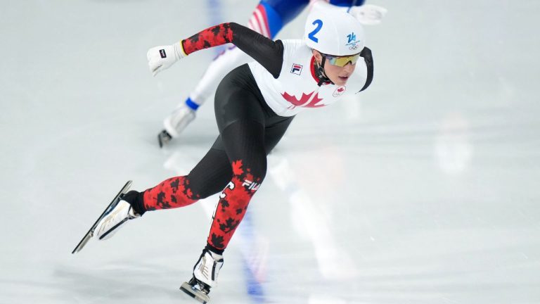 Canada's Valerie Maltais (2) competes during the women's mass start speedskating semifinals at the 2026 Winter Olympics, in Milan, Saturday, Feb. 21, 2026. (Darryl Dyck/THE CANADIAN PRESS)
