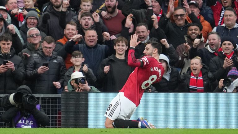 Manchester United's Bruno Fernandes celebrates after scoring during the English Premier League soccer match between Manchester United and Tottenham in Manchester, England, Saturday, Feb. 7, 2026. (Jon Super/AP)