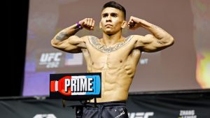Mario Bautista poses at the ceremonial weigh-in for the UFC 292 mixed martial arts event, Friday, August 18, 2023, in Boston. (Gregory Payan/AP)