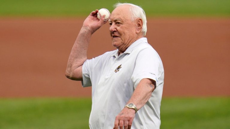 Pittsburgh Pirates Baseball Hall of Famer Bill Mazeroski tosses out a ceremonial first pitch before a baseball game between the Pirates and the New York Yankees in Pittsburgh, Tuesday, July 5, 2022. (Gene J. Puskar/AP Photo)