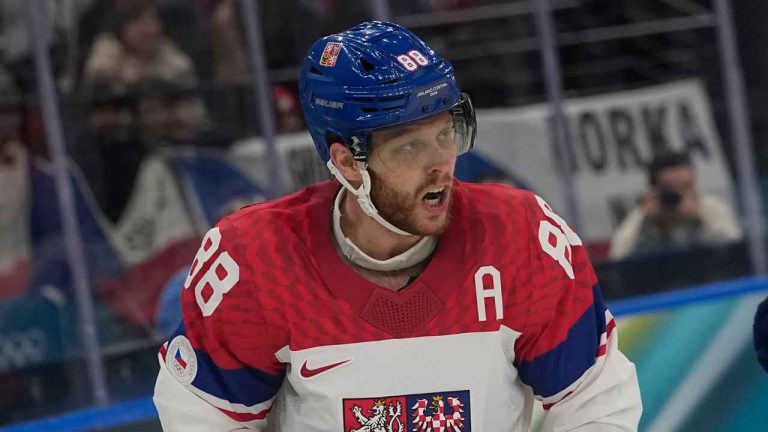 Czechia's David Pastrnak celebrates after scoring her side's third goal during a preliminary round match of men's ice hockey between France and Czechia at the 2026 Winter Olympics, in Milan. (Petr David Josek/AP)