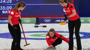 Canada's Sarah Wilkes, Rachel Homan and Emma Miskew in action during the women's curling round robin session against Switzerland at the 2026 Winter Olympics, in Cortina d'Ampezzo, Italy, Saturday, Feb. 14, 2026. (Fatima Shbair/AP)
