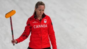 Canada's Rachel Homan, in action during the women's curling round robin session against Switzerland at the 2026 Winter Olympics, in Cortina d'Ampezzo, Italy, Saturday, Feb.14, 2026. (Fatima Shbair/AP)
