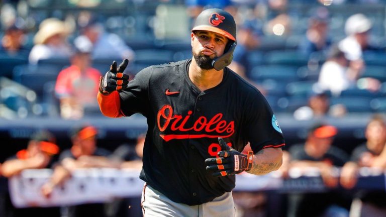 Baltimore Orioles' Gary Sánchez reacts after hitting a single during the eighth inning of a baseball game against the New York Yankees, Saturday, June 21, 2025, in New York. (Noah K. Murray/AP)