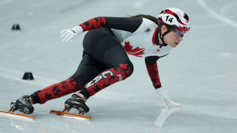 Canada's Courtney Sarault competes in the women's 500 meter short track speed skating at the 2026 Winter Olympics, in Milan, Italy, Tuesday, Feb. 10, 2026. (Darryl Dyck/THE CANADIAN PRESS)