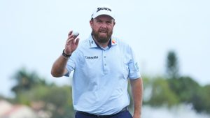 Shane Lowry of Ireland shows his ball on the 18th green during the third round of the Cognizant Classic golf tournament, Saturday, Feb. 28, 2026, in Palm Beach Gardens, Fla. (Marta Lavandier/AP)