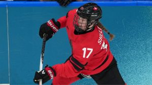 Canada's Ella Shelton shoots during the third period of a women's ice hockey quarterfinal match against Germany at the 2026 Winter Olympics, in Milan, Italy, Saturday, Feb. 14, 2026. (Carolyn Kaster/AP Photo)