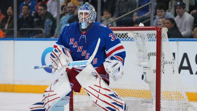 New York Rangers goaltender Igor Shesterkin (31) protects the net during the second period of an NHL hockey game against the Pittsburgh Penguins Saturday, Feb. 28, 2026, in New York. (Frank Franklin II/AP)