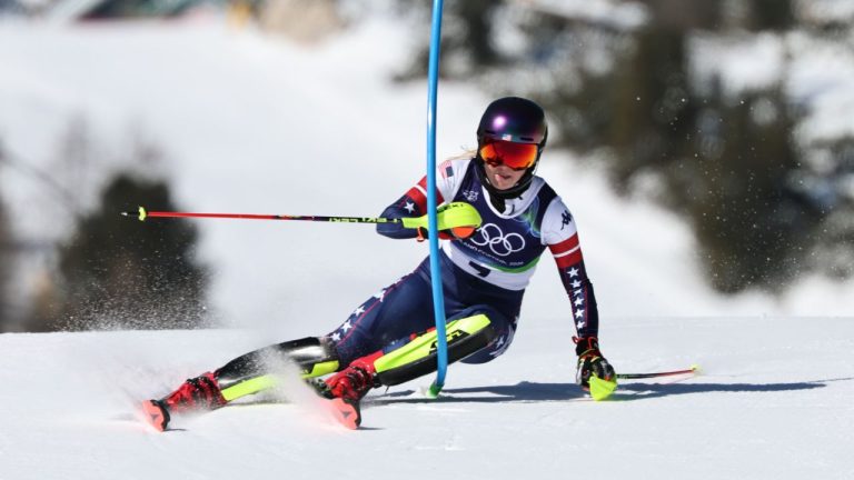 United States' Mikaela Shiffrin speeds down the course during an alpine ski, women's slalom race, at the 2026 Winter Olympics, in Cortina d'Ampezzo, Italy, Wednesday, Feb. 18, 2026. (Marco Trovati/AP Photo)