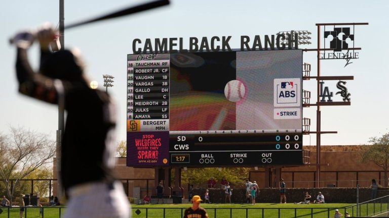 The Automated Ball-Strike System plays on the scoreboard after a pitch call was challenged during the first inning of a spring training baseball game between the Chicago White Sox and the San Diego Padres, Feb. 26, 2025, in Phoenix. (Carolyn Kaster/AP)