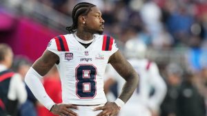 New England Patriots wide receiver Stefon Diggs (8) walks along the sideline during the first half of the NFL Super Bowl 60 football game against the Seattle Seahawks, Sunday, Feb. 8, 2026, in Santa Clara, Calif. (Lynne Sladky/AP)