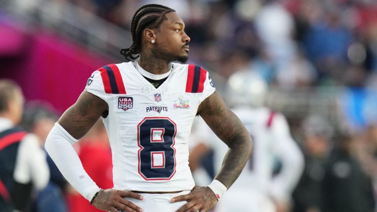 New England Patriots wide receiver Stefon Diggs (8) walks along the sideline during the first half of the NFL Super Bowl 60 football game against the Seattle Seahawks, Sunday, Feb. 8, 2026, in Santa Clara, Calif. (Lynne Sladky/AP)