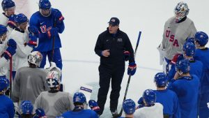 United States head coach Mike Sullivan speaks doing men's ice hockey practice at the 2026 Winter Olympics, in Milan, Italy, Sunday, Feb. 8, 2026. (Carolyn Kaster/AP Photo)