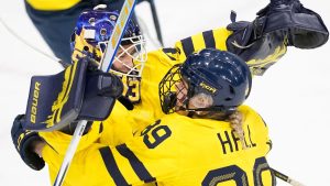 Sweden's goalkeeper Emma Soderberg, left, and Sweden's Nicole Hall celebrate end of a preliminary round match of women's ice hockey between France and Sweden at the 2026 Winter Olympics, in Milan, Italy, Sunday, Feb. 8, 2026. (Petr David Josek/AP Photo)