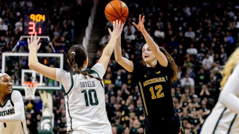 Michigan guard Syla Swords (12) shoots from outside the perimeter during an NCAA college basketball game against Michigan State, Sunday, Feb. 1, 2026, in East Lansing, Mich. (Jake May/The Flint Journal via AP)