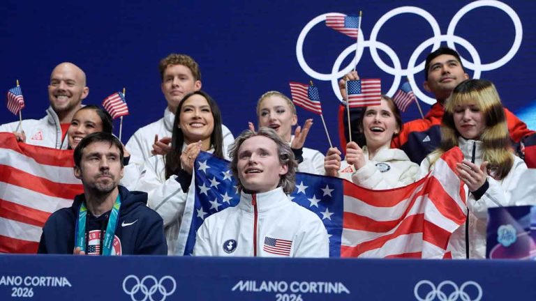Ilia Malinin of the United States reacts to his scores after competing during the figure skating men's team event at the 2026 Winter Olympics. (Ashley Landis/AP)