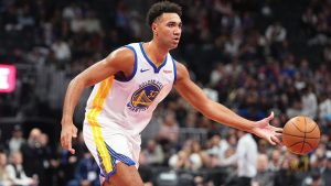 Golden State Warriors forward Trayce Jackson-Davis (32) in the second half of an NBA Cup basketball game Friday, Nov. 7, 2025, in Denver. (David Zalubowski/AP)