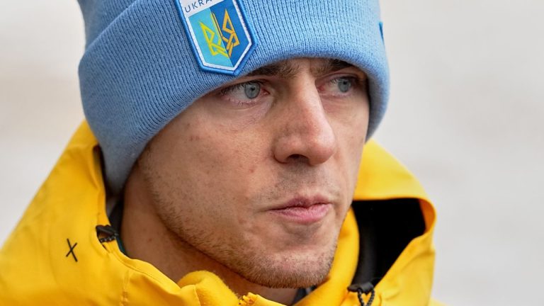 Ukrainian skeleton athlete Vladyslav Heraskevych talks to the media at the start house of the sliding center at the 2026 Winter Olympics, in Cortina d'Ampezzo, Italy, Thursday, Feb. 12, 2026. (Fatima Shbair/AP Photo)