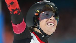 Valerie Maltais reacts after winning the gold medal final of the women's team pursuit speedskating race at the 2026 Winter Olympics, in Milan, Italy, Tuesday, Feb. 17, 2026. (Nathan Denette/CP)