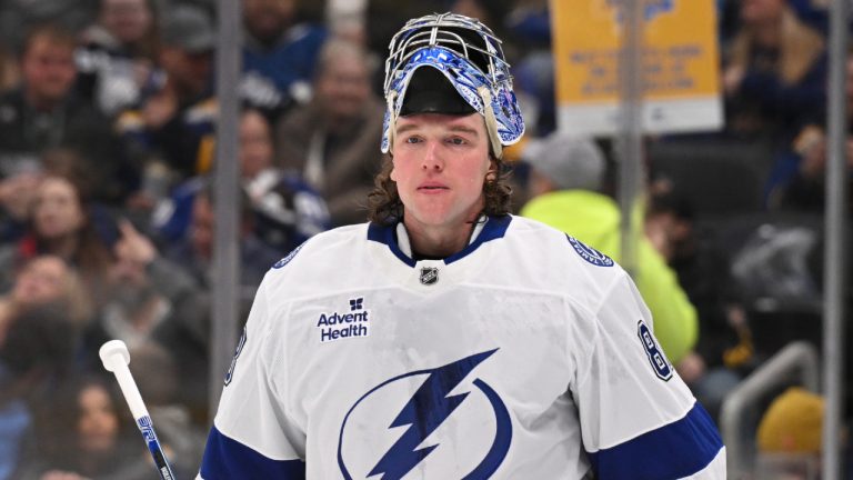 Tampa Bay Lightnings goaltender Andrei Vasilevskiy (88) skates during a TV timeout in the second period of NHL hockey game against the St. Louis Blues Friday, Jan. 16, 2026, in St. Louis. (Connor Hamilton/AP)