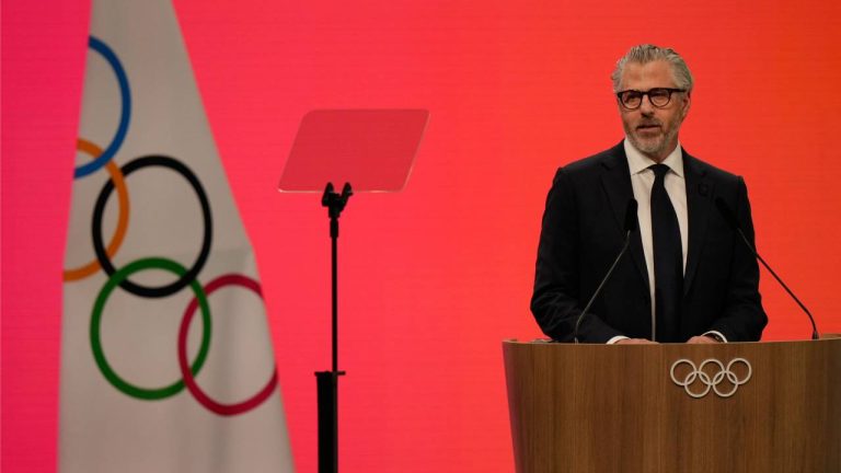 Casey Wasserman, Chairman of the Los Angeles Organizing Committee for the 2028 Olympic and Paralympic Games speaks during an IOC meeting ahead of the 2026 Winter Olympics, in Milan, Italy, Tuesday, Feb. 3, 2026. (Luca Bruno/AP)